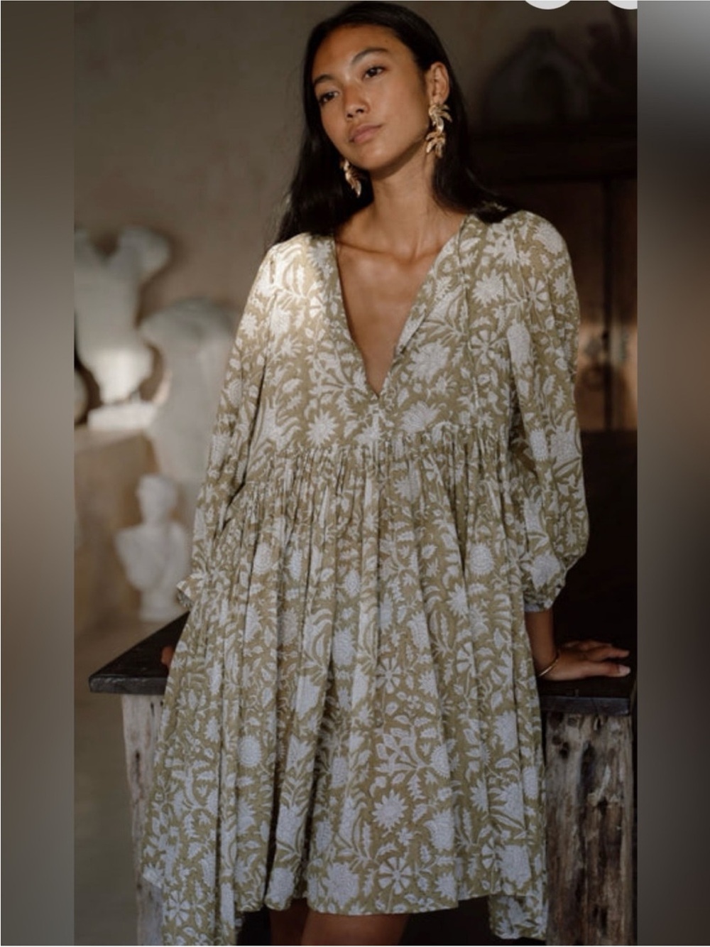 Daughters of India Kyra Mini Dress in Olive Cotton Voile Size Medium
